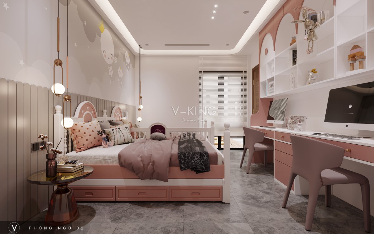 Thiết kế phòng ngủ màu hồng với giường tầng cho 2 bé gái dễ thương