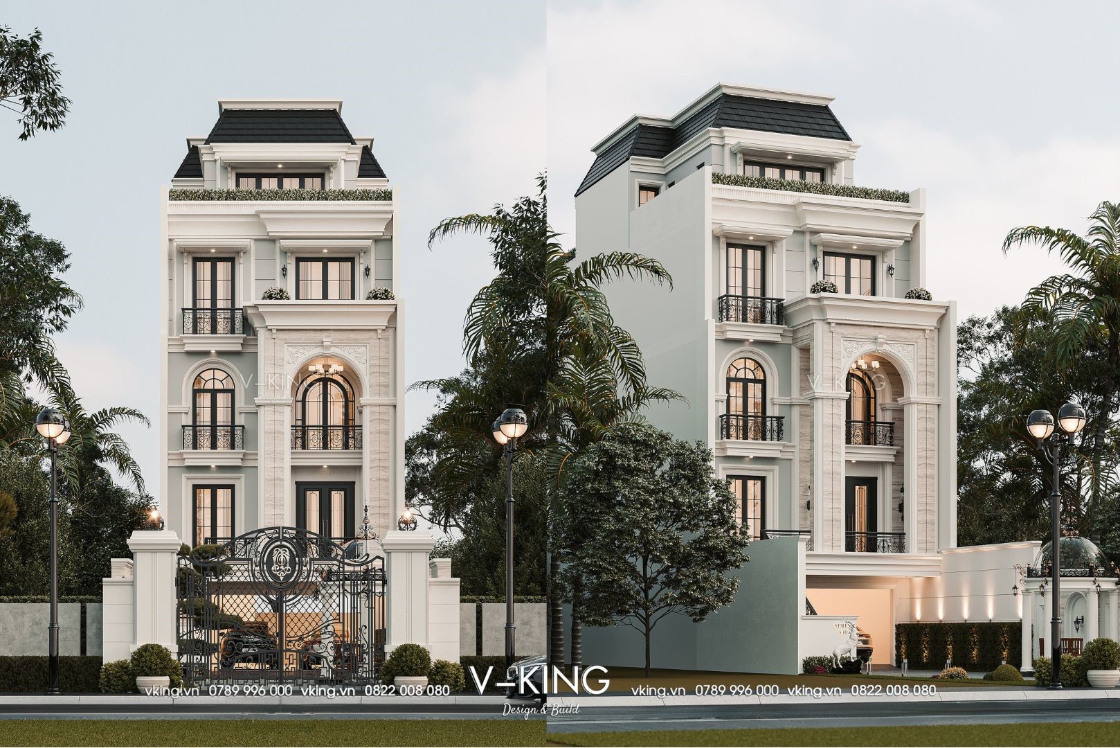 Mẫu nhà tân cổ điển 5 tầng ấn tượng với mặt tiền nhỏ