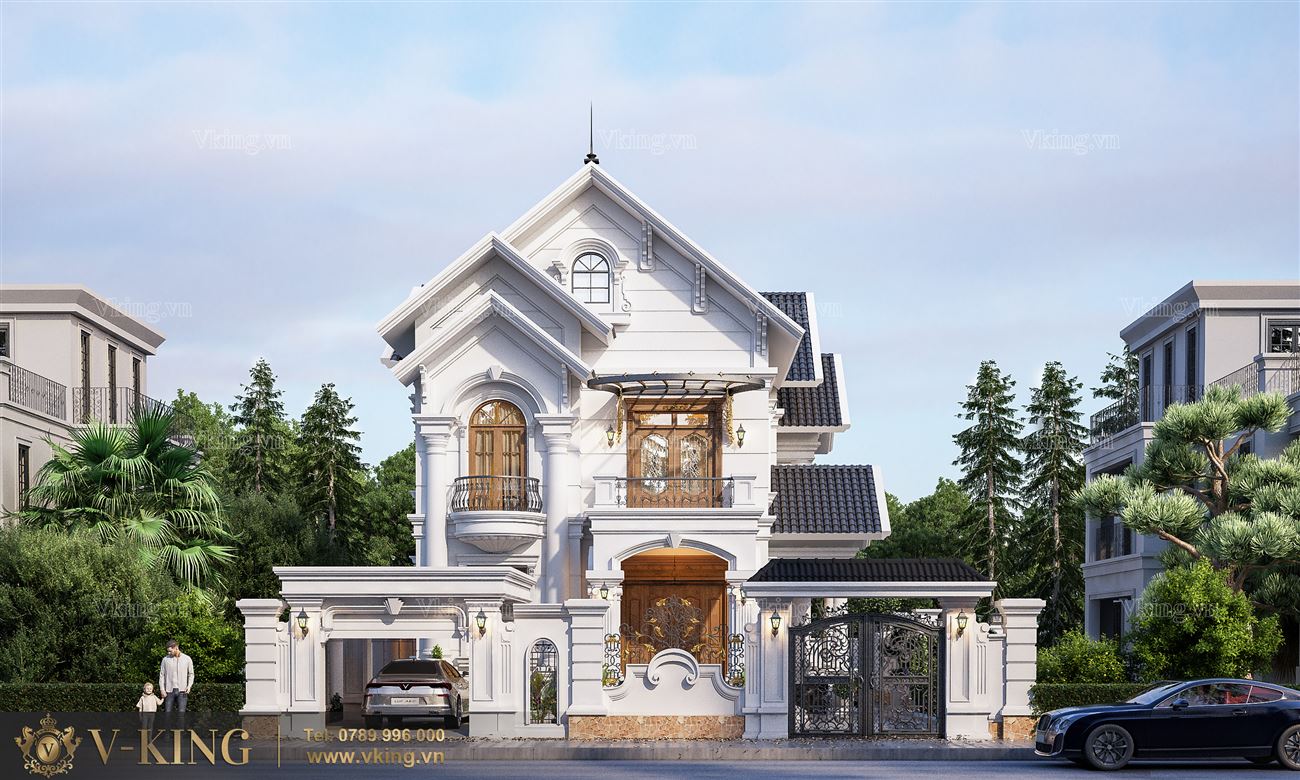 thiết kế nhà mái Thái 2 tầng tân cổ điển với hoa văn tinh xảo