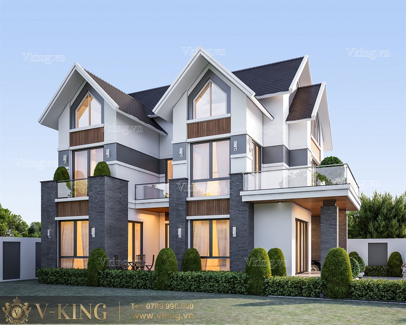 Thiết kế nhà Thái 2 tầng 1 tum sử dụng chất liệu mới hiện đại 
