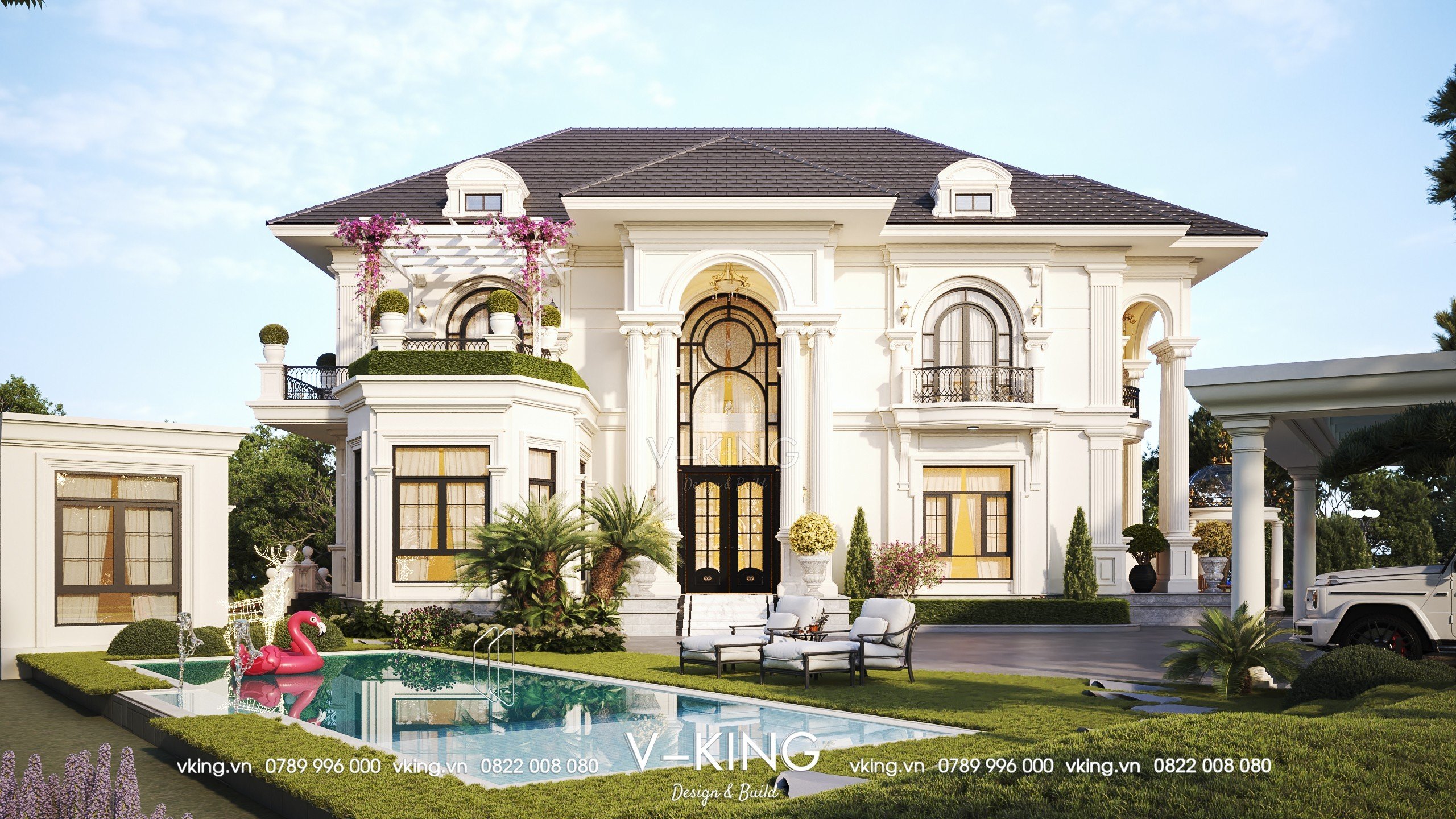 ĐIỂM DANH NHỮNG KIỂU SÂN VƯỜN BIỆT THỰ ĐẲNG CẤP DẪN ĐẦU XU HƯỚNG 4 Thiết kế biệt thự phong cách tân cổ điển với tone màu nhẹ nhàng, trang nhã