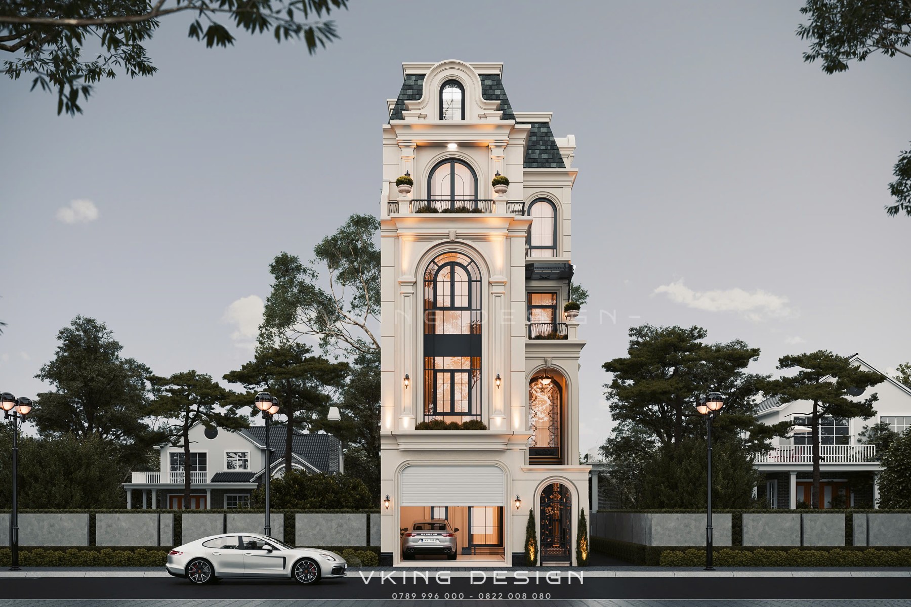 THIẾT KẾ BIỆT THỰ PHỐ TÂN CỔ ĐIỂN KIỂU PHÁP VK26006 1 thiet ke biet thu tan co dien 4 tang 1 tum vk26006 3